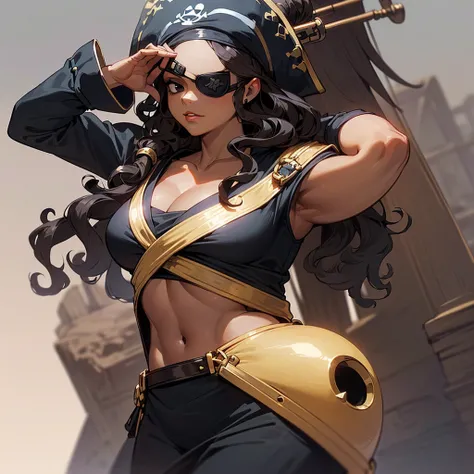 (((I want a solo pirate woman with brown skin, sculptural body with medium breasts, detailed black wavy hair, serene black eyes, wearing an eye patch on her right eye, wearing nice clothes)))