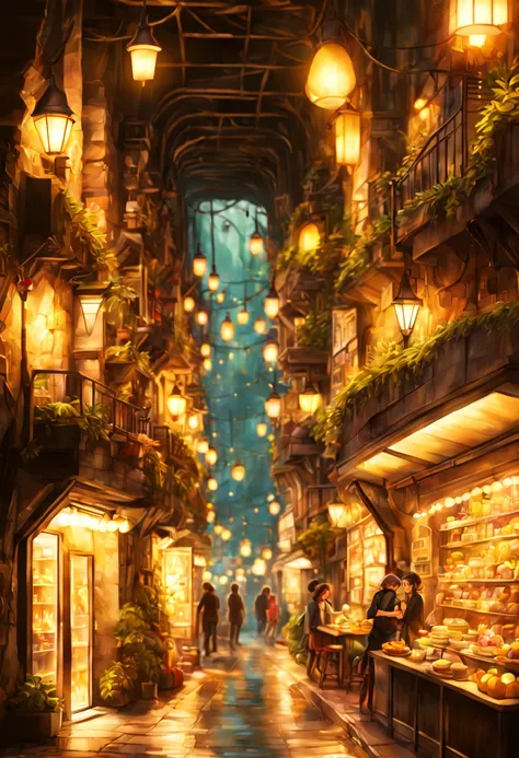 underground cavern,bustling miniature city,cozy lights,warm friendly feeling,illustration,(ultra-detailed:1.1),(realistic:1.1),professional,physically-based rendering,vivid colors,portraits,(dark ambient lighting:1.1)