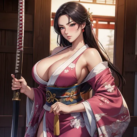 Blushing warrior Mulan in a kimono, Beautiful breasts, Katana in hand