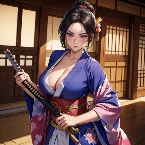 Blushing warrior Mulan in a kimono, Beautiful breasts, Katana in hand