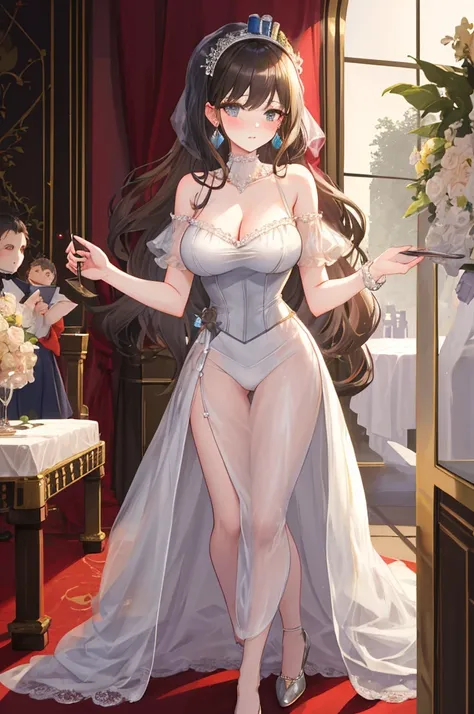 A woman with big ，Young princess，victorian style，clavicle，Lower chest，Transparent nightdress，((shaved_pussy))，Confused，at the banquet，