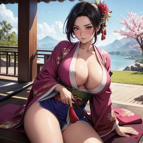 Blushing Mulan in a kimono sits, Beautiful breasts, Katana in hand