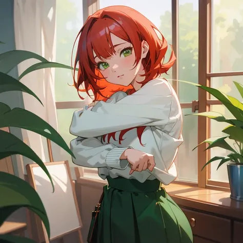 anime girl with red hair and green eyes posing in front of a window, casual pose, painted in anime painter studio, full body portrait of a short!, smooth anime cg art, 🤤 girl portrait, rin, kawaii realistic portrait, digital anime illustration, detailed di...