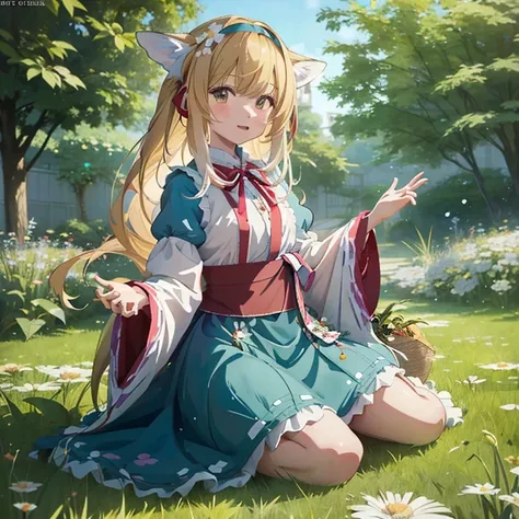 anime girl sitting on the ground in a garden with flowers, cute anime waifu in a nice dress, cushart krenz key art feminine, ayaka genshin impact, beautiful maiden, rin,  in dress, official artwork, marin kitagawa fanart, splash art anime , keqing from gen...