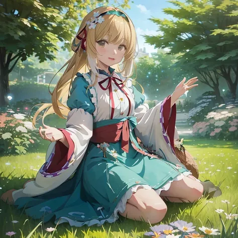 anime girl sitting on the ground in a garden with flowers, cute anime waifu in a nice dress, cushart krenz key art feminine, ayaka genshin impact, beautiful maiden, rin,  in dress, official artwork, marin kitagawa fanart, splash art anime , keqing from gen...