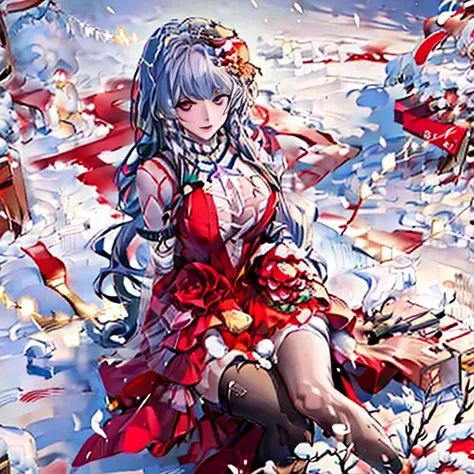 anime girl in santa outfit sitting in the snow with a bouquet of flowers, rin tohsaka, in the snow, sakimi chan, beautiful anime girl, official artwork, with frozen flowers around her, in snow, by Kamagurka, marin kitagawa fanart, anime visual of a cute gi...