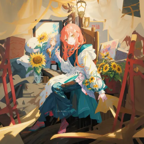 anime girl sitting on a table with flowers and a lamp, made with anime painter studio, sitting with flowers, painted in anime painter studio, anime visual of a cute girl, rin, official art, anime moe artstyle, high quality portrait, female protagonist 👀 :8...