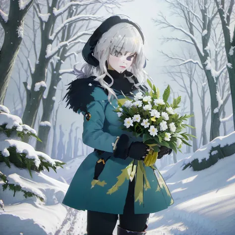 anime girl in blue coat holding a bouquet of flowers in snow, with frozen flowers around her, winter concept art, from girls fro...