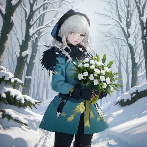 anime girl in blue coat holding a bouquet of flowers in snow, with frozen flowers around her, winter concept art, from girls fro...