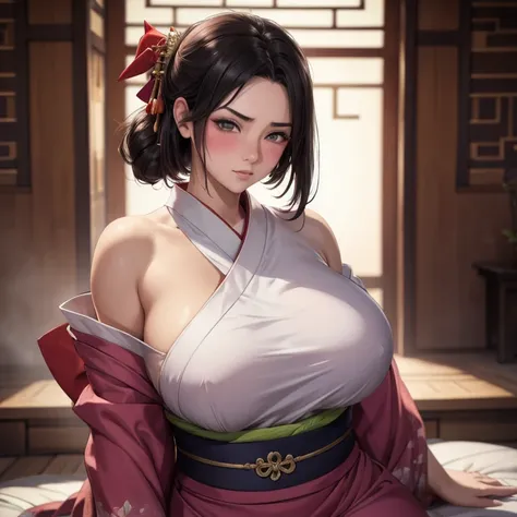 Blushing Mulan in a kimono, soft big butt, hands on the priest