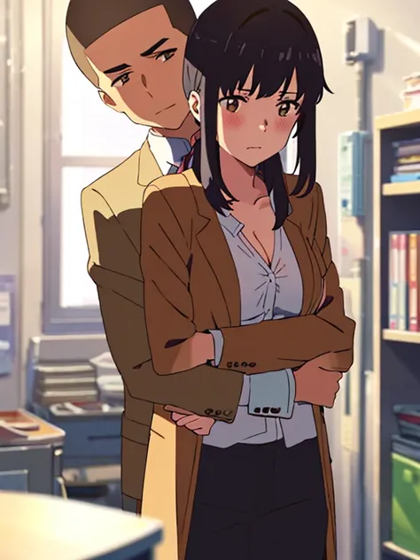 shinkai makoto, kimi no na wa., 1boy, buzzcut,office suit, boy caressing girls body, kiss cheeks, passionate hug, boy is hugging from behind, 1girl, bangs, black hair, brown eyes, Twisted Half Up, red ribbon, long hair, long sleeve yellow cardigan, open sh...