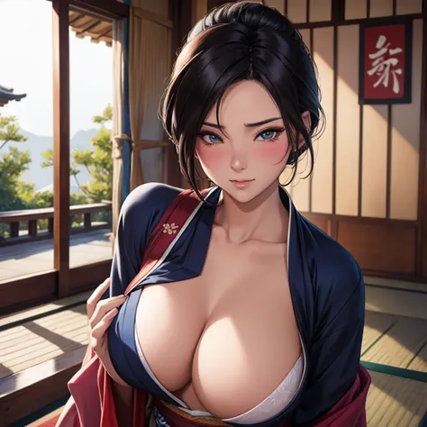 Blushing Mulan takes off her kimono, Closes breasts, shy, Virgin