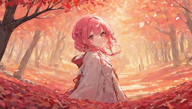 shiny pink hair、Neutral face、Red pink、Rich in color、Beautie、Wearing white clothes、well-styled、小柄、Super beautiful、high-level image quality、4K、8K、Round ears like tanuki are visible、In the wilderness、autumnal、Colored leaves、two people、Full body like、Being und...