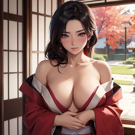 Blushing Mulan in a kimono, bare chest, trying to cover and hide breasts, shy, Virgin