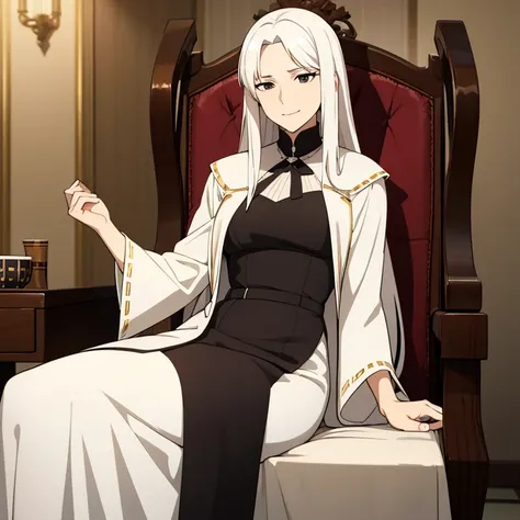 One female, mature woman, commoner clothes, sitting on a wood chair, long white hair, black eyes, tired eyes, weak smile