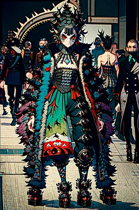 (kaiju monster theme:1.2), street wear, male, man, boy, (avant garde fashion:1.3), (wearable art:1.3), couture, oversized clothi...