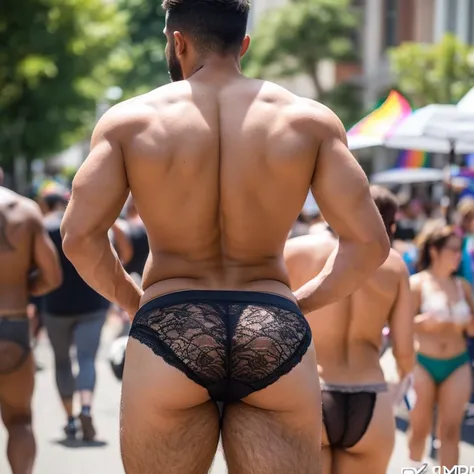 Make a very detailed picture of a shirtless male that is 6 feet 2 inches tall male twunk with big pecs, thicc ass, curvy figure, toned flat stomach, and back length curly black hair ties into a man bun showing off his thicc ass in tight female lace panties...