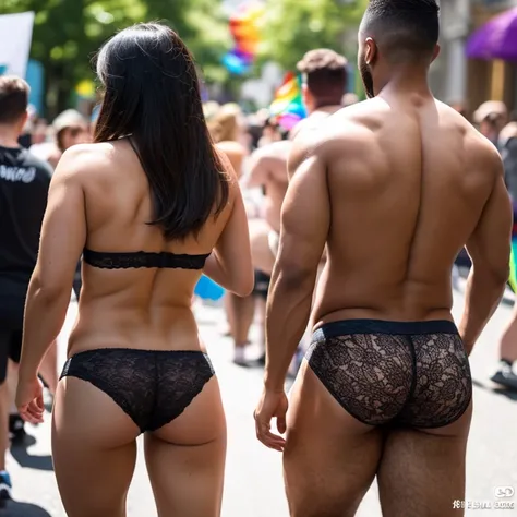 Make a very detailed picture of a shirtless male that is 6 feet 2 inches tall male twunk with big pecs, thicc ass, curvy figure, toned flat stomach, and back length curly black hair ties into a man bun showing off his thicc ass in tight female lace panties...