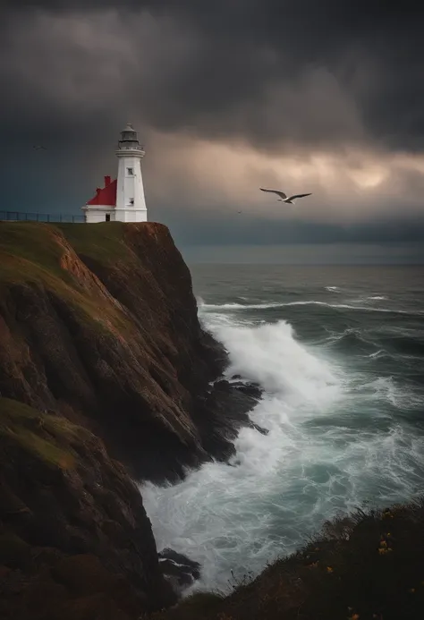 A small lighthouse on the edge of a cliff with a stormy sky and rough seas and a seagull flying in the foreground.