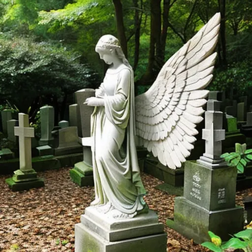 Photos of small overseas cemeteries tucked away in the woods。A small angel statue appears small in the distance