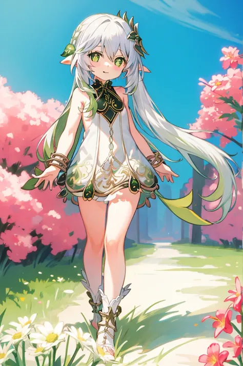 1  solo, nahida_genshin, cross-shaped pupils, naked, small smile, nude, white hair, green hair ornament, green cape, flower meadow, flowers, walking on the flower field