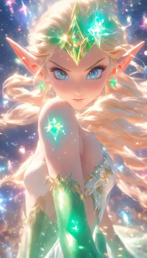 RAW, professional photograph, movie photograph, medium shot, Female elf, young elf, goddess elf, emerald crown, white dress, see-through floating in the middle of the space, in front of pink galaxy, athletic body, soft facial features, long hair, straight ...