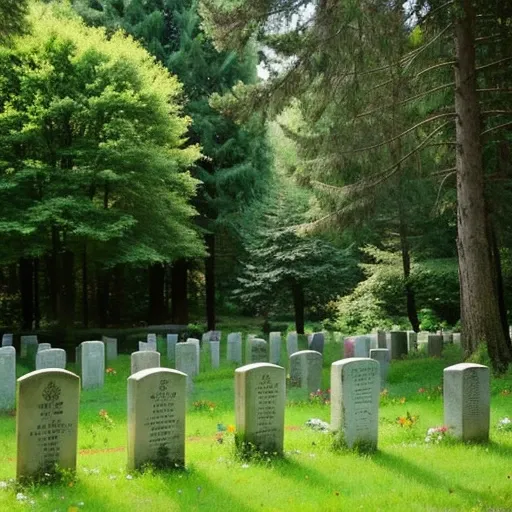 A photo of a small cemetery in Europe tucked away in the forest。A small angel statue can be seen faintly in the distance.。Two small tombstones look small in the distance and are covered with forest.