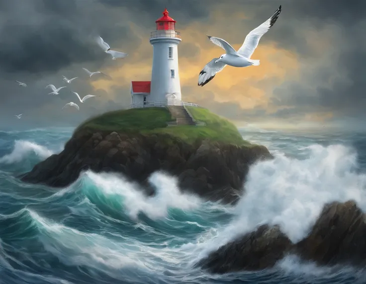 A small lighthouse on the edge of a cliff with a stormy sky and rough seas and a seagull flying in the foreground.