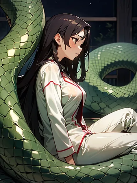 1girl, solo, (18-year-old), dark hair, long hair, bedroom bed in background, pajamas, white pajamas, sitting,spread my legs, (large breasts), cute,shy, blush, parted lips,  (snakes 1.5), (anaconda), (big snake), (coiled snake),(Girl coiled by a snake), nig...