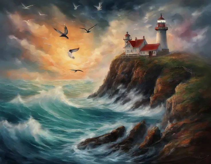 A small lighthouse on the edge of a cliff with a stormy sky and rough seas and a seagull flying in the foreground.