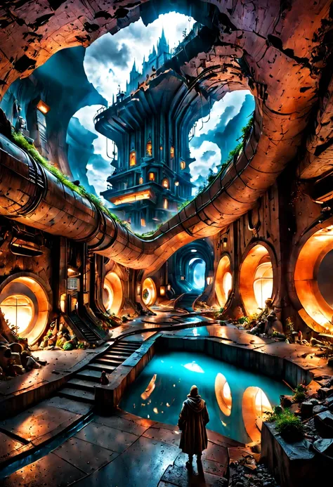 Aleksi Briclot, Johannes Voss, Steve Argyle; Underground City in the Clouds, Photograph Taken on Nikon D750, in an underground landscape, dynamic lighting, RTX, Ray Tracing, Intricate, Elegant, Digital Illustration, Scenic, Maximalist, Hyper-Realistic, Hyp...