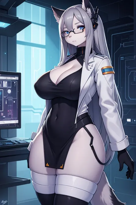 A girl with gigantic breasts stands proudly as the centerpiece of this masterpiece. Her gray hair flows gracefully around her face, framing her beautiful detailed eyes and lips. She exudes confidence and intelligence, dressed in a sleek lab coat and wearin...