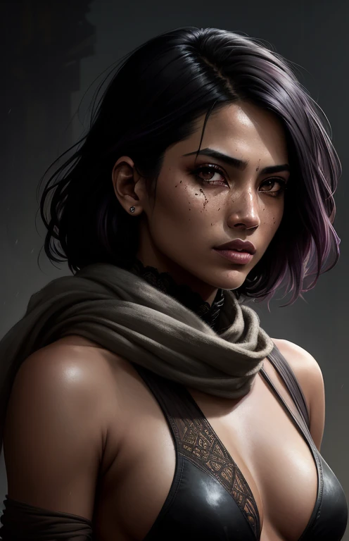 (dark shot:1.1), semi nude, nepalese waoman, warrior looks , epic realistic, portrait of halo, smoky dark eyes, mascara eyes,  scarf, white hair by atey ghailan, by greg rutkowski, by greg tocchini, by james gilleard, by joe fenton, by kaethe butcher, grad...