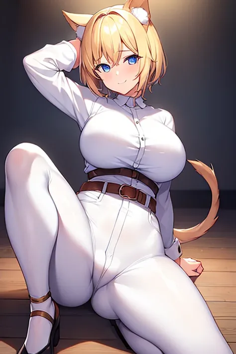 1girl, dog ears, large breasts, breasts, wide hips, white shirt, blonde hair, very short hair, dog tail, light smile, blue eyes, jeans, pants, belt, impossible clothes, spread legs, squating, orange sleeves, long sleeves 