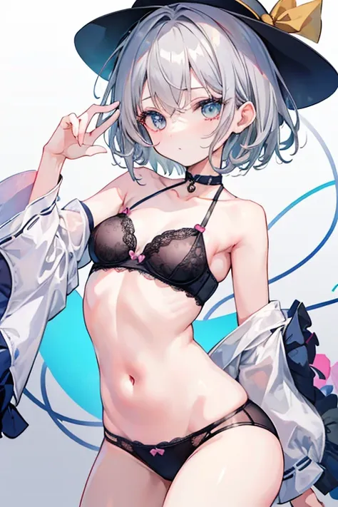 best quality、one girl、Komeiji Koishi(gray hair short hair)、Small breasts wearing a hat、beautiful underwear、Erotic、sexy、female brat、rib、clavicle、Raising the armpits、legs open