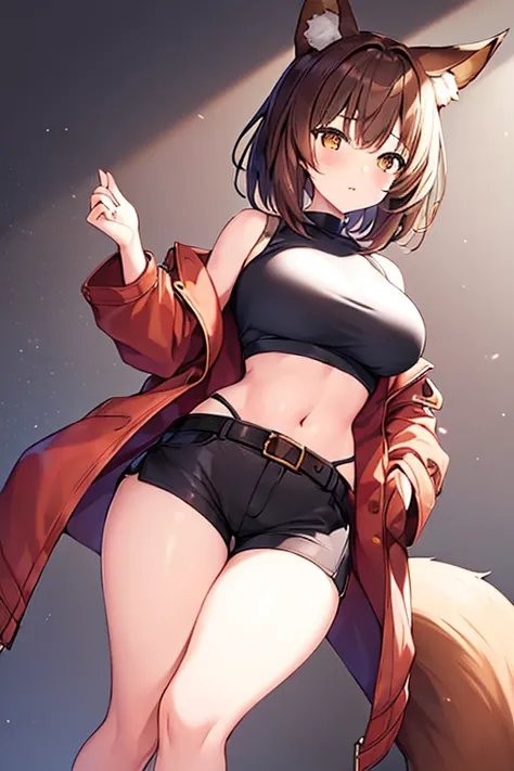 1girl, fox ears, fox tail, brown hair, very short hair, parted hips, breasts, large breasts, thick thighs, highleg, highleg panties, belt, cropped shirt, cropped jacket, bolero, brown jacket, white shirt, black shorts, shorts