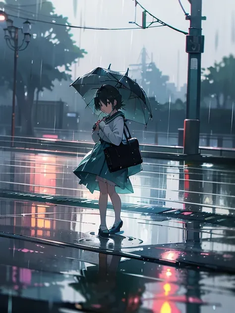 miku squats at a bus stop.， lluvioso afuera, it's raining outside, rainy days, lluvioso afuera,  al estilo de makoto shinkai,  e...