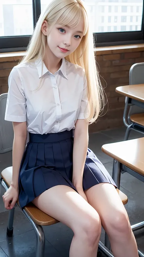 （Girl sitting on classroom chair，crossedlegs）、porate、bright expression、young and shiny white shiny skin、Best Looks、ultimate beauty girl、The most beautiful platinum blonde hair in the world、Shiny light hair,、Super long silky straight hair、Beautiful bangs th...