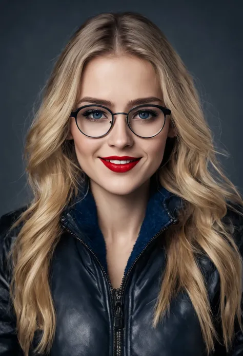 ultrarealistic high quality photo of a beautiful young tall busty european woman with cute face and natural blonde long hair and beautiful embarrassed smile, realistic eyes, freckles, glossy red lips, smokey eyes makeup, wearing black leather puffer jacket...