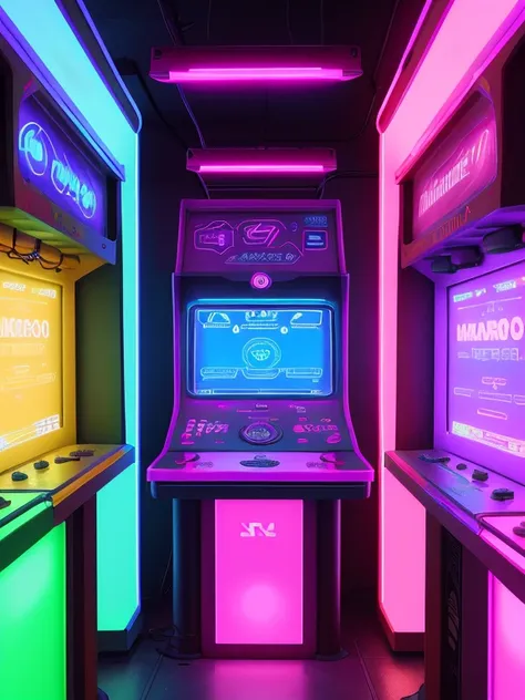 (k hd，obra maestra:1.2).Arcade ciberpunk。。。。。。，Large recreational machine,Jugar juegos para chicas，，3Drenderingde，neon light，