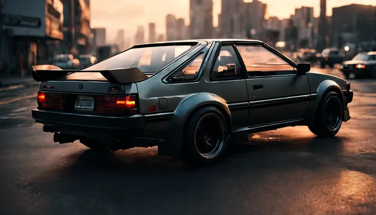 (intrincated details:1.2), (photorealistic), (masterpiece), (photography),  cinematic lighting, 
ae86, cyberpunk city, car, ground vehicle, motor vehicle, no humans, scenery, solo, vehicle focus, sunset, 
 