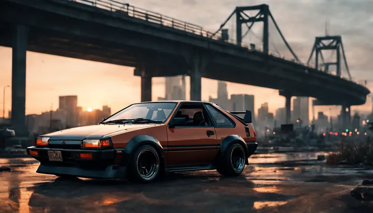 (intrincated details:1.2), (photorealistic), (masterpiece), (photography),  cinematic lighting, 
ae86, cyberpunk city, car, ground vehicle, motor vehicle, no humans, scenery, solo, vehicle focus, sunset, 
 