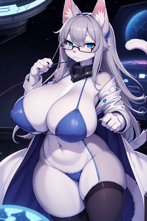 (gigantic breasts:1.15)(masterpiece:1.2)(high quality)(best quality) 1girl,cat,anthro,animal ears,tail,gray hair,thigh highs,white lab coat,futuristic space station,laboratory,glasses, *//*, blue eye, *//*,