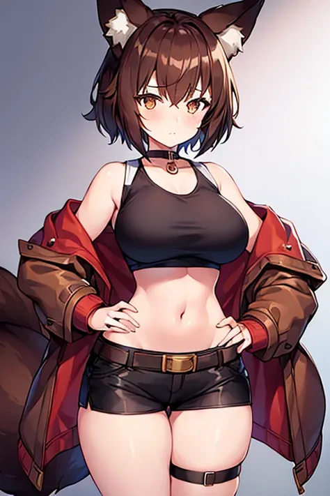 1girl, fox ears, fox tail, brown hair, very short hair, parted hips, breasts, large breasts, thick thighs, belt, cropped shirt, cropped jacket, brown jacket, white shirt, black shorts, shorts, choker, innocent, shy, timid