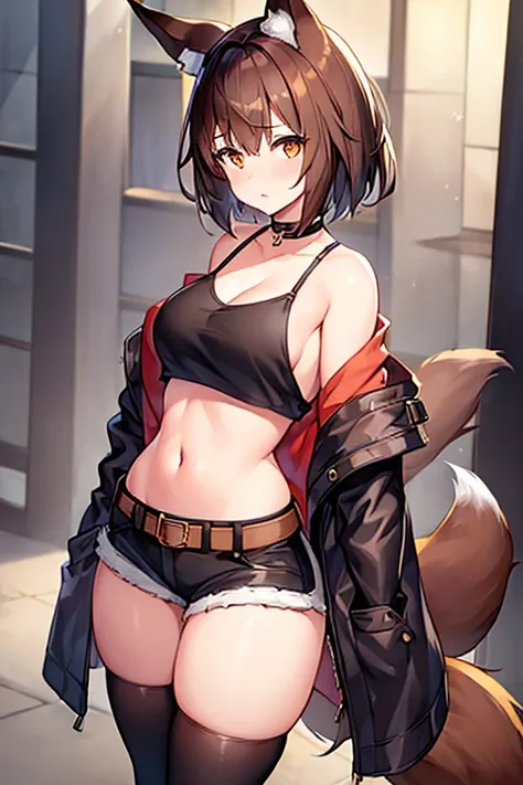 1girl, fox ears, fox tail, brown hair, very short hair, parted lips, breasts, large breasts, thick thighs, belt, cropped shirt, cropped jacket, brown jacket, white shirt, black shorts, shorts, choker, innocent, shy, timid, fantasy