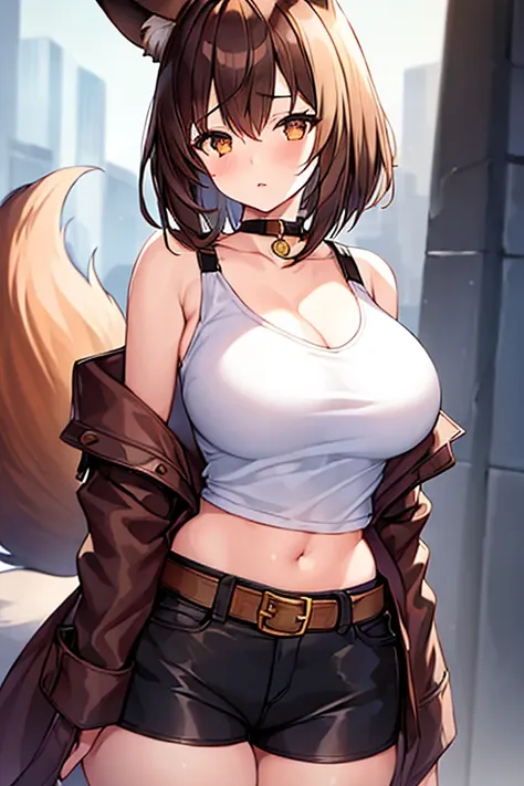 1girl, fox ears, fox tail, brown hair, very short hair, parted lips, breasts, large breasts, thick thighs, belt, cropped shirt, cropped jacket, brown jacket, white shirt, black shorts, shorts, choker, innocent, shy, timid, fantasy