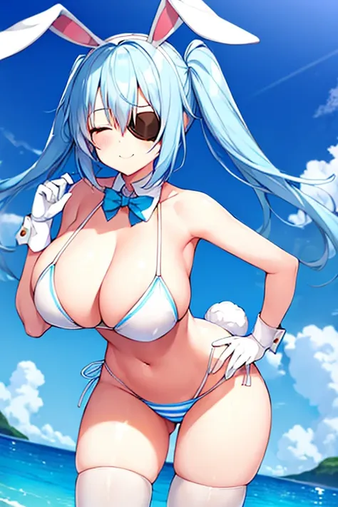 1girl, rabbit ears, bunny ears, light blue hair, very short hair, closed eyes, large breasts, wide hips, highleg bikini, white bikini, eyepatch, ((eyepatch)), beach, blue stripes, striped bikini, blue hair, light smile, animal ears