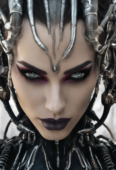 a close-up of a woman with a very strange face and strange hair, horror cyberpunk style, angry cyberpunk beautiful goddess, cyborg woman, hyper-realistic cyberpunk style, cyborg girl, cyberpunk style，hyper-realistic, intricate cyberpunk makeup - up, cyborg...