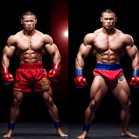 onoff,side-by-side photo,split screen,muay thai boxer, muay thai costume,muscle boy, sharp eyes, long, tight sexy body,masterpie...