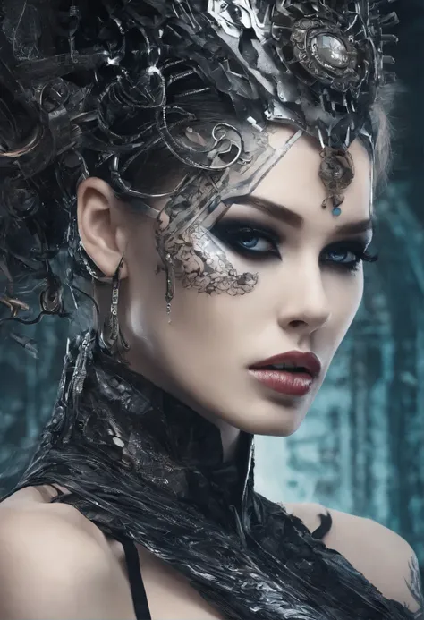 a close-up of a woman with a very strange face and strange hair, horror cyberpunk style, angry cyberpunk beautiful goddess, cyborg woman, hyper-realistic cyberpunk style, cyborg girl, cyberpunk style，hyper-realistic, intricate cyberpunk makeup - up, cyborg...